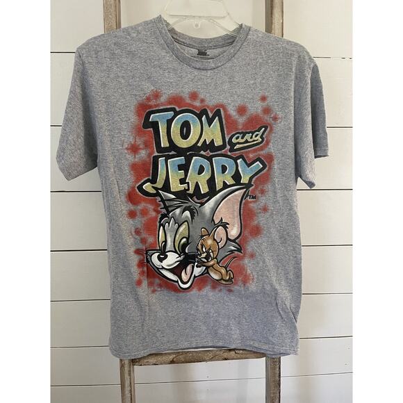 Tom And Jerry Mens Cartoon Airbrush Shirt Gray Short Sleeve JH6 Graphic Tee M - Picture 1 of 7